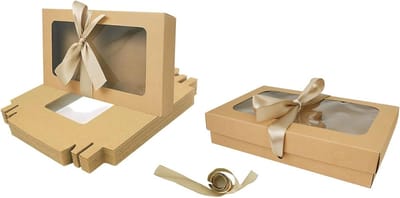 Set van 36 Rechthoekige Kraft Geschenkdozen met Doorzichtig Deksel en Satijnen Lint - 21,5 x 13,5 x 4,5 cm