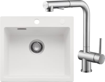 CECIPA max Spoelbak voor keuken 40x45CM - Graniet Spoelbakken Met 360° Draaibare Keukenkraan - Enkele spoelbak Wit - Met waterafvoersysteem - Voor 40 cm kast