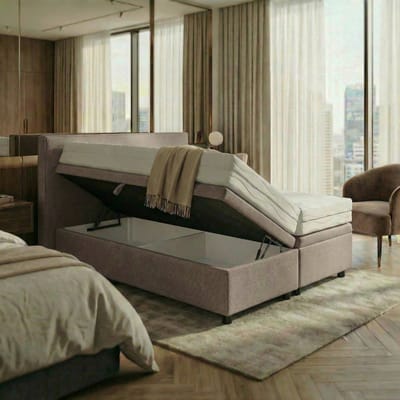 Mörgenn Opbergboxspring Havn met klep - Zonder Matras - Taupe - 90x200 cm - Inclusief Dekbed en Kussens
