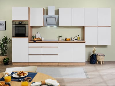 Goedkope keuken 370  cm - complete keuken met apparatuur Lorena  - Eiken/Wit mat - soft close - keramische kookplaat    - afzuigkap - oven    - spoelbak