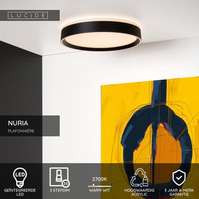 Lucide NURIA - Plafonnière (Plafondlamp) - Ø 30 cm - LED 3 StepDim - 1x18W 2700K - Zwart