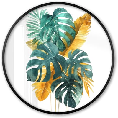 Poster in lijst Rond - Fotolijst 60x60 cm - Posters - Bladeren - Tropisch - Goud - Groen - Modern - Ronde posterlijst zwart - Decoratie - Wanddecoratie woonkamer - Muurdecoratie slaapkamer