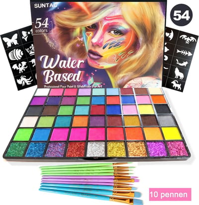 Suntac Schminkset Kind & Volwassenen - 54 Kleuren Schmink op Waterbasis - Inclusief 10 Penselen & 6 Sjablonen - Hypoallergeen & Huidvriendelijk - Voor Carnaval, Halloween & Kinderfeestje