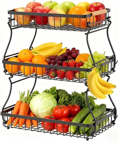 Drie-laags fruitstandaard met 2 bananenhouders, metalen fruitmand voor groenten, snacks en brood, zwart, ideaal voor keukenopslag