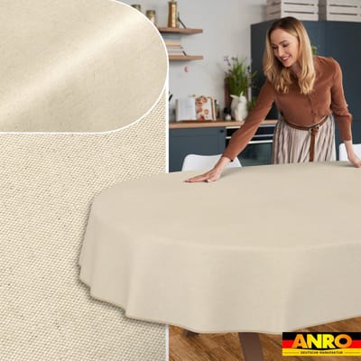 ANRO Tafelkleed Effen linnenlook Crème Ovaal 160x140cm Met sierband Afwasbaar Waterafstotend