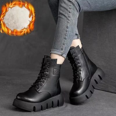 Kort Pluche Winter Dames Enkellaarsjes Echt Leer Katoenen Laarzen Dikke Zool Gevoerde Damesschoenen Warme Sneeuwlaarzen Dames 35 zwart