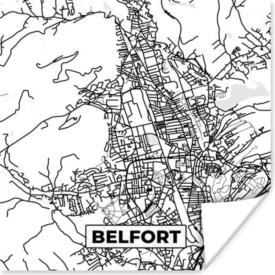 Poster Kaart - Frankrijk - Stadskaart - Plattegrond - Belfort - Zwart wit - 100x100 cm XXL