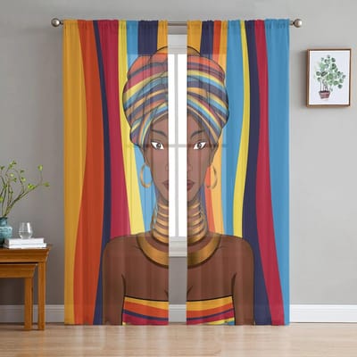 Afrikaanse Vrouw Rok Textuur Tule Gordijnen voor Woonkamer Slaapkamer Transparant Gordijn voor Balkon Hal Mode Bedrukt Home Gordijnen 135W x 114H(cm)
