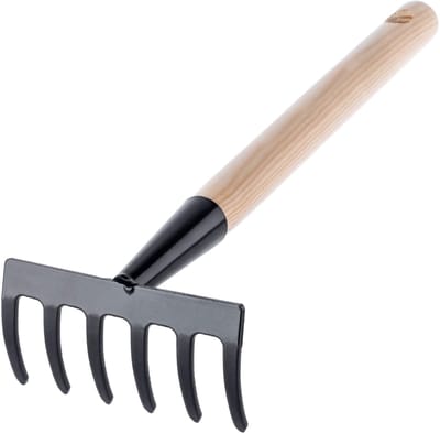 KADAX Kleine hark van metaal, hark met steel van hout, bladhark, bladhark, gazonhark voor tuin, hark, handhark, kleine waaierbezem (6 tanden, zwart, zwart)