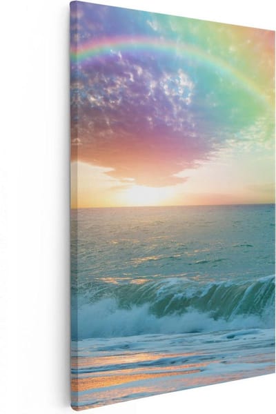 Artaza Canvas Schilderij Zeezicht - 20x30 cm - Klein - Muurdecoratie Strand - Wanddecoratie Golven - Kamer Accessoires Regenboog