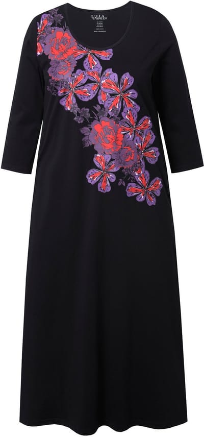 Ulla Popken - Dames - Jersey jurk bloemen A-lijn ronde hals 3/4-mouw - Zwart - Maat 50+