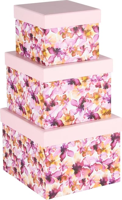 Dekoratief | Set 3 dozen vierkant 'Purple Flowers Fair', karton, 18x18x14cm | A240215