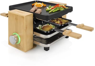 Princess Gourmetstel 162950 - Raclette Pure 4 personen - Grill & Bakplaat - Inclusief 4 pannetjes - Regelbare thermostaat - 800W - 2 meter snoer - Anti-aanbaklaag - Bamboe