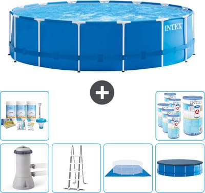 Intex Rond Frame Zwembad - 457 x 122 cm - Blauw - Inclusief Pomp - Ladder - Grondzeil - Afdekzeil Onderhoudspakket - Filters