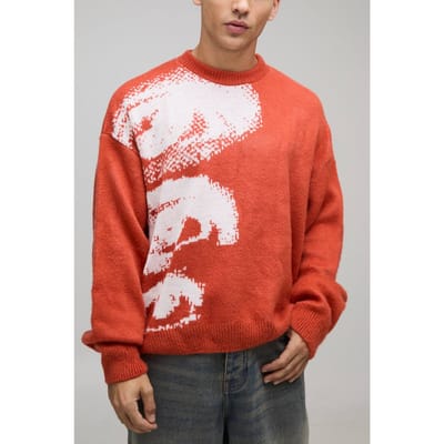 Oversized Boxy Geborstelde Oog Grafische Gebreide Trui | Orange | Size XS