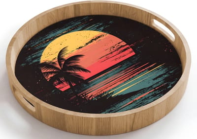 Dienblad rond 40x40 cm - Schootdienblad hout - Strand - Minimalistisch - Zon - Oranje - Borrelplank rechthoek - Plateau houten dienbladen