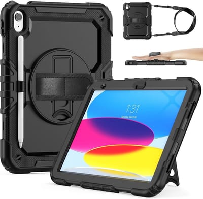 Hoes met ingebouwde Screenprotector Geschikt voor iPad A16 hoes 11th Generation 2025 hoes en iPad 10 hoes - 11e en 10e Generatie - 10.9 Inch Extreme Armor met screenprotector, Schouderiem, Handriem en Pencilhouder hoes - voor Horeca en Bouw - Zwart