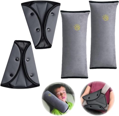 Set van 4 Kinder Autogordel Kussens - Schouderpads en Gordelpads voor Comfort en Bescherming tijdens Reizen (Grijs)