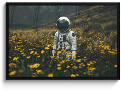 Poster in lijst - Fotolijst 90x60 cm - Posters - Astronaut - Bloemen - Veld - Geel - Posterlijst zwart - Decoratie - Wanddecoratie woonkamer - Muurdecoratie slaapkamer