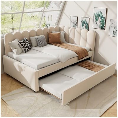 L-vormige slaapbank 140x200 cm met bloemenhoofdeinde en opklapbed, beige fluweel (205x148x90 cm)