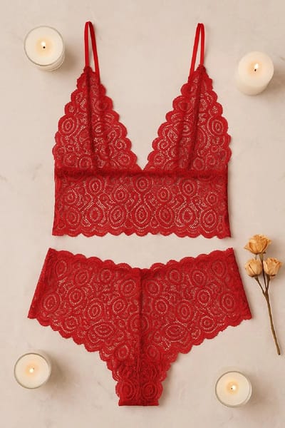 La Nuita Rode Kanten Bralette Dames - Sexy Transparante Lingerie Set met Boxer - Verleidelijke Fantasie Tweedelige Setjes (S/M t/m L/XL)
