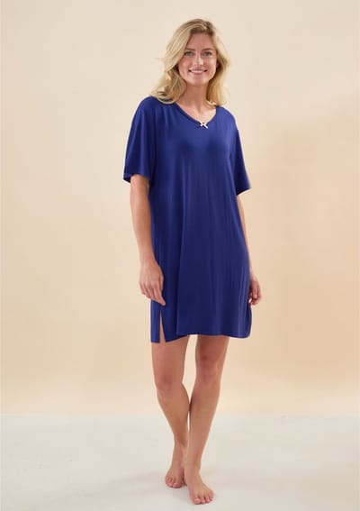 Little Label - beau dames nachthemd bamboe - blauw - XS/ 34 - extra zacht en duurzaam