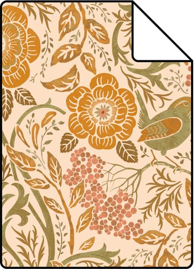 Proefstaal ESTAhome behang bloemen en vogels in art nouveau stijl oranje en groen - 26.5 x 21 cm - 131696-S