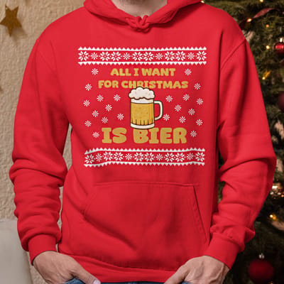 Foute Kerst Hoodie Rood All I Want For Christmas Is Beer XS - Uniseks Pasvorm - Kerstkleding Voor Dames & Heren