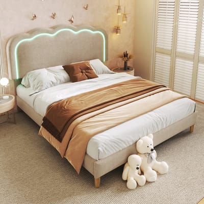 DESMIU Gestoffeerd Bed 140x200cm - Led Bed Met Verstelbaar Hoofdbord - Comfortabel Voor Slaapkamer En Logeerkamer - Linnenlook - Beige Zonder Matras