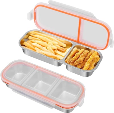 Snackbox met Vakken Roestvrij Staal: 2 Stuks Lekvrije Snackdoos met Deksel (600 ml+700 ml)–Draagbare Lunchbox voor Kinderenvoor Verse Snacks Salade–Kleine Bento-box voor Op Kantoor En voor Kinderen