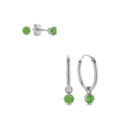New Bling 9SIL-SET0012 Zilveren Set Oorringen met hangertje en Oorknopjes met Zirkonia - 15mm Doorsnee - Knopjes 3mm - Groen - Rhodium - Zilver