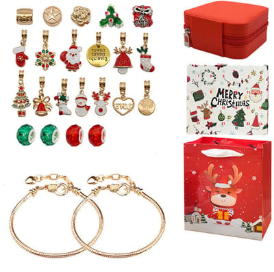 Adventskalender 2025-kerst sieraden-24-daagse aftelkalender - Verrassingsblinddoosje - Gratis sieradendoosje en elandencadeauzakje - Inclusief armbandhanger met gekleurde kralen en grote gaten - Vakantiecadeau - Goud