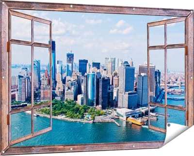 Gards Tuinposter Doorkijk New York Als een Eiland vanuit de Lucht - 150x100 cm - Tuindoek - Tuindecoratie - Wanddecoratie buiten - Tuinschilderij