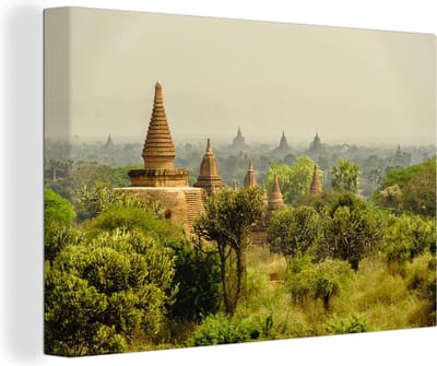 Bagan tempels in Myanmar Azie Canvas 90x60 cm - Foto print op Canvas schilderij (Wanddecoratie woonkamer / slaapkamer)