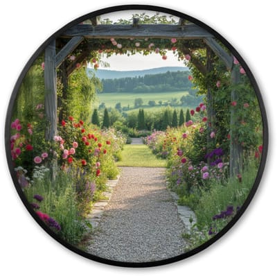 Poster in lijst Rond - Fotolijst 60x60 cm - Posters - Doorkijk - Landschap - Natuur - Tuinboog - Bloemen - Ronde posterlijst zwart - Decoratie - Wanddecoratie woonkamer - Muurdecoratie slaapkamer