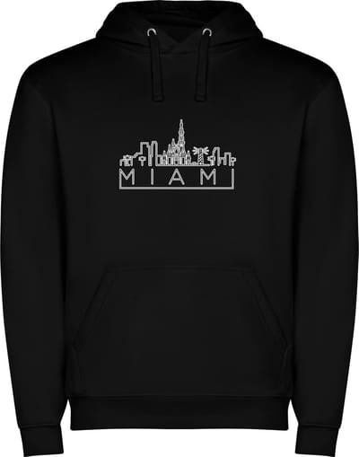 Zwarte unisex hoodie met “ Skyline Miami Florida – Vakantiegevoel – Strak – Modern “ Print Full Color merk Roly maat M