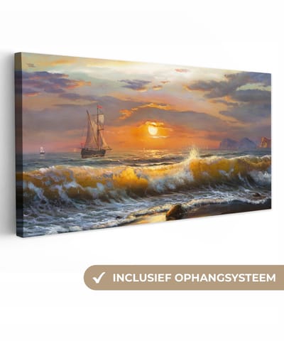 Canvas - Schilderij - Oil painting - Water - Boot - Strand - Verf - 40x20 cm - Wanddecoratie