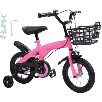 Kinderfiets met zijwieltjes, mandje, verstelbaar zadel en stuurhoogte, geschikt voor kinderen van 3 tot 10 jaar, roze. 14 Inch black
