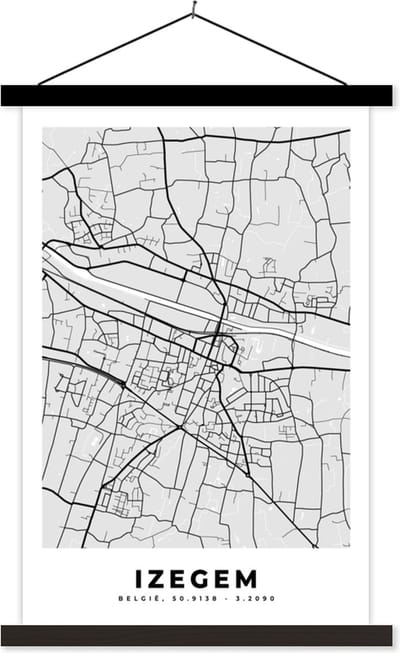 Posterhanger incl. Poster 40x60 cm - Schoolplaat - Stadskaart – Zwart Wit - Kaart – Izegem – België – Plattegrond - Textielposter - Zwarte latten - Stadskaart