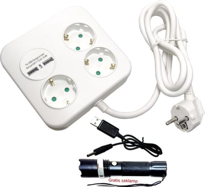 Vierkant 3 Stopcontacten + 2 Usb 2.4 AMP Poorten 1.5 meter 3X1,5mm verlengsnoer kabel verleng