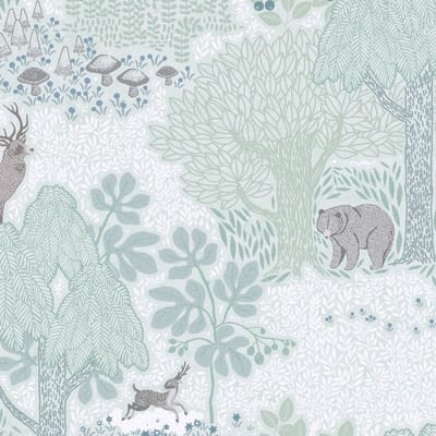 Kinderbehang Profhome 771331-GU vliesbehang glad met bosmotief mat groen bruingrijs mintgroen wit 5,33 m2