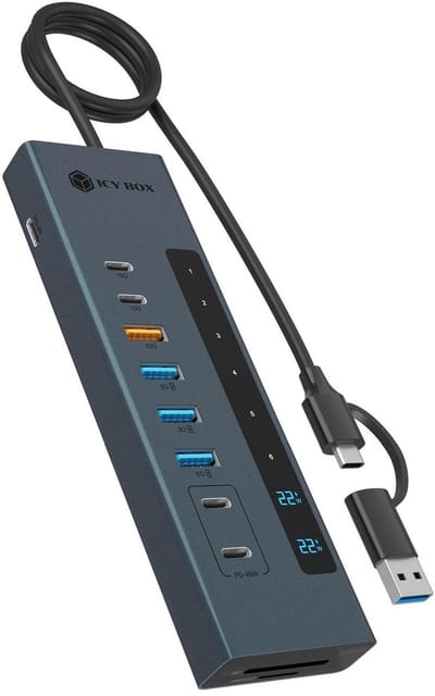 ICY BOX IB-HUB1742CR-C2PD 61159 USB-hub 7 + 2 poorten USB-C 3.2 Gen 2, USB-C (met Power Delivery), USB-A 3.2 Gen 2, USB-A 3.2 Gen 1, SDHC, SDXC, SD,
