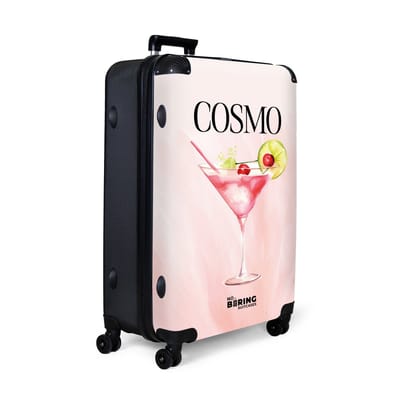 NoBoringSuitcases.com® - Koffer groot - Reiskoffer lichtgewicht - Zachtroze met cocktailillustratie en zwarte quote 'cosmo' - Rolkoffer met 4 wielen - Grote trolley XL - 98 liter bagage