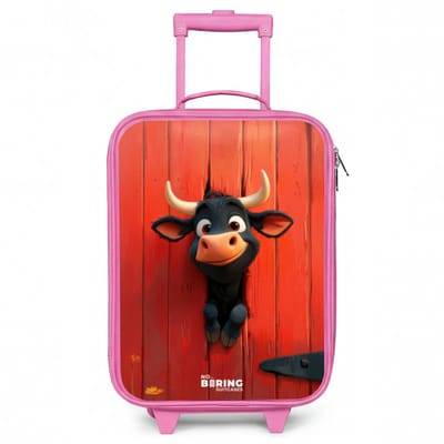 NoBoringSuitcases.com® - Kinderkoffer roze - Kindertrolley meisje - Zwarte stier steekt kop door rode schuurdeur - Koffer kind lichtgewicht - Reiskoffer trolley voor kinderen - Koffertje met lichtgevende wieltjes - Rolkoffer