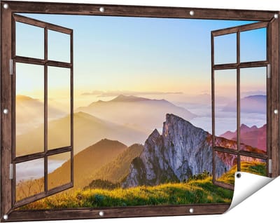 Gards Tuinposter Doorkijk Zonsopkomst in de Bergen in de Alpen - 120x80 cm - Tuindoek - Tuindecoratie - Wanddecoratie buiten - Tuinschilderij