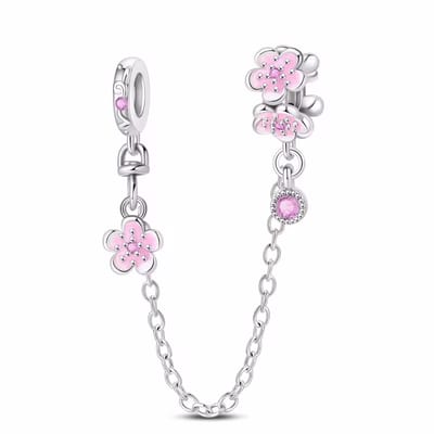 Fler® | Bedel | Past op populaire bedelarmbanden (standaard - 3mm) | Roze Bloemen Veiligheidsketting | Hangbedel Charm | 925 sterling zilver | Roze zirkonia | Roze emaille | Armband Kraal | Valentijnsdag Cadeau | Sinterklaas kado | Kerstcadeau