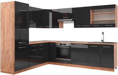 Vicco Hoekkeuken Fame-Line, Antraciet Hoogglans/Goudkleurig Eiken, 287 x 227 cm, WB Eik