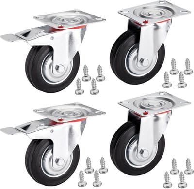 Set van 4 SOTECH meuberwiel Ø 125 mm (Lenkrollen, 2 wielen met vastzetter) Hoogte 151 mm, Montageplaat 100 x 82 mm Draagvermogen tot 440 Kg