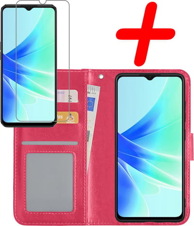 Hoesje Met Screenprotector - Geschikt voor OPPO A57 - Luxe Pasjeshouder - Bookcase Portemonee - Flip Case - Kunstleer Book Case - Flipcase - Book Cover - Walletcase - Portemonneehoes - Donkerroze