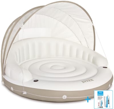 Intex - Luchtbed - Canopy Island - Met zonnescherm & Ingebouwde bekerhouders - Voor 2 personen - 199 x 150 cm inclusief reparatiesetje